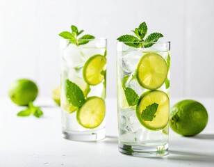 Tall transparent glass filled with mojito, large ice cubes, lime slices and fresh mint leaves, on a light surface, bright high-contrast photo, no blur or text.