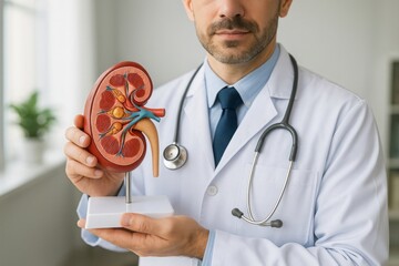 Doctor holding kidney model, in white coat holding anatomical kidney model in medical office, used for patient education or health consultation about renal system