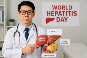 Doctor in white coat holding anatomical liver model showing liver disease types with fatty liver, cirrhosis, and cancer labels during World Hepatitis Day awareness campaign