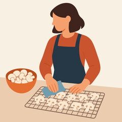 Woman preparing mushrooms in kitchen while wearing apron  