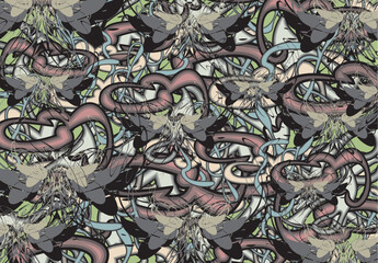 Camouflage backdrop created by butterfly wings and linear elements for fabrics or prints. Ethnic chaotic motifs for covers, scrapbooking, tiles, fashion trends, textiles, wallpaper, dynamic posters