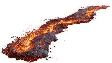 A stream of molten rock flowing across a dark surface with bright orange and yellow glowing areas visible on transparent background