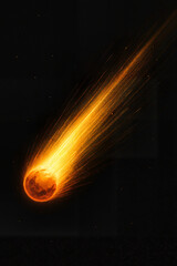 Glowing meteor with fiery tail streaking across dark sky  