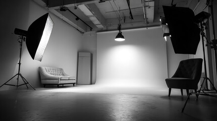 Studio Setup: A modern studio setup, complete with lighting, a neutral backdrop, and elegant seating, creates an inviting atmosphere for various creative projects.