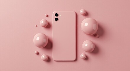 Minimalist Product Shot: Pink phone surrounded by glossy spheres on a matching pink surface.