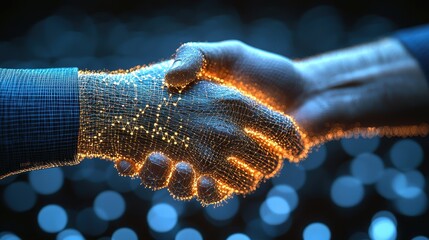 Two executives, hand in hand, seal a momentous merger with upward graphs soaring towards the skyline, symbolizing their shared success and the collaborative future of their combined enterprise 