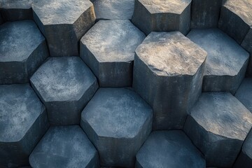 A geological formation featuring dark, hexagonal basalt columns tightly packed together in a striking natural pattern.