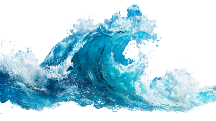 A dynamic image showcasing a powerful ocean wave with its vibrant turquoise color and foamy crests rising high on transparent background