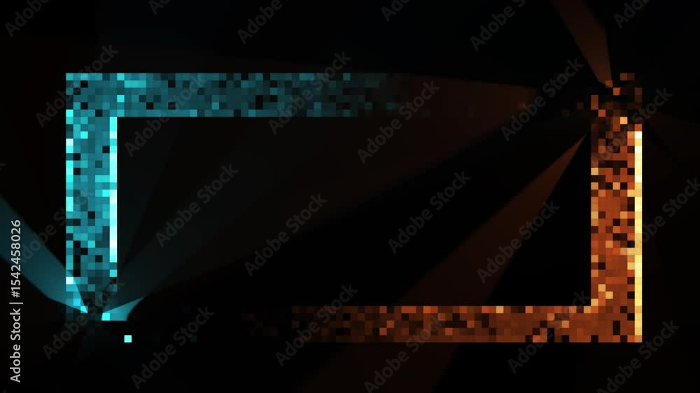 Poster cyan and orange effect neon glowing pixel frame background. repetitive motion animation and flashing