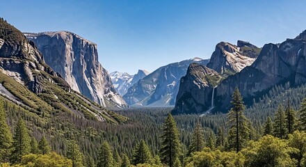 Majestic Mountain Valley: A panoramic view of towering mountains, lush green forests, and a vast valley under a clear blue sky, showcasing the raw beauty and grandeur of the natural landscape.
