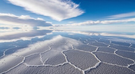 Endless Horizon: The serene expanse of a salt flat reflects a pristine sky, creating an awe-inspiring visual symphony of nature's artistry. Evoking a sense of peace and vastness.