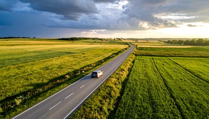 Rugzak Car drives through a vibrant countryside road under dramatic skies, an idyllic scene evokes freedom. © Wulan