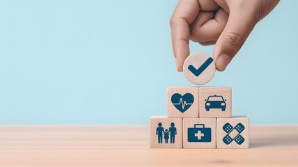 Health And Life Insurance Concept With Hand Placing Checkmark Block Over Icons Representing Medical Care Protection And Family Coverage