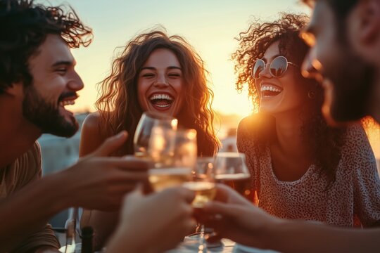 A group of friends laughing together at sunset, clinking glasses in a toast, their expressions full of pure happiness.