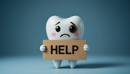 tooth with a large cavity and sad expression holding a cardboard HELP sign, highlighting dental problems and oral hygiene