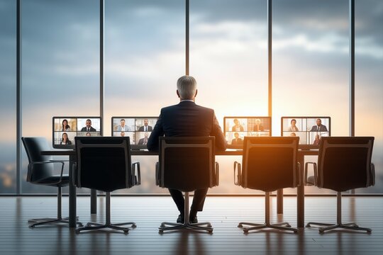 Corporate boardroom with empty chairs except for one person facing multiple video call screens,symbolizing decentralization and remote leadership.