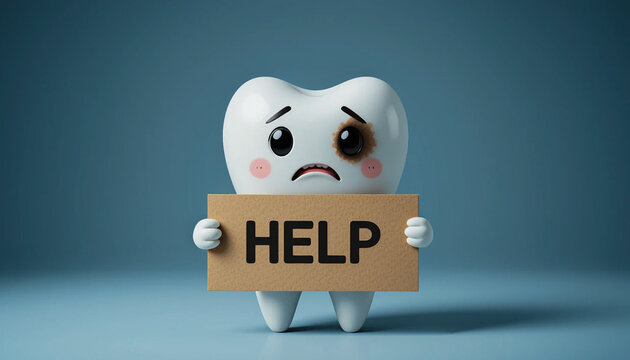 tooth with a large cavity and sad expression holding a cardboard HELP sign, highlighting dental problems and oral hygiene