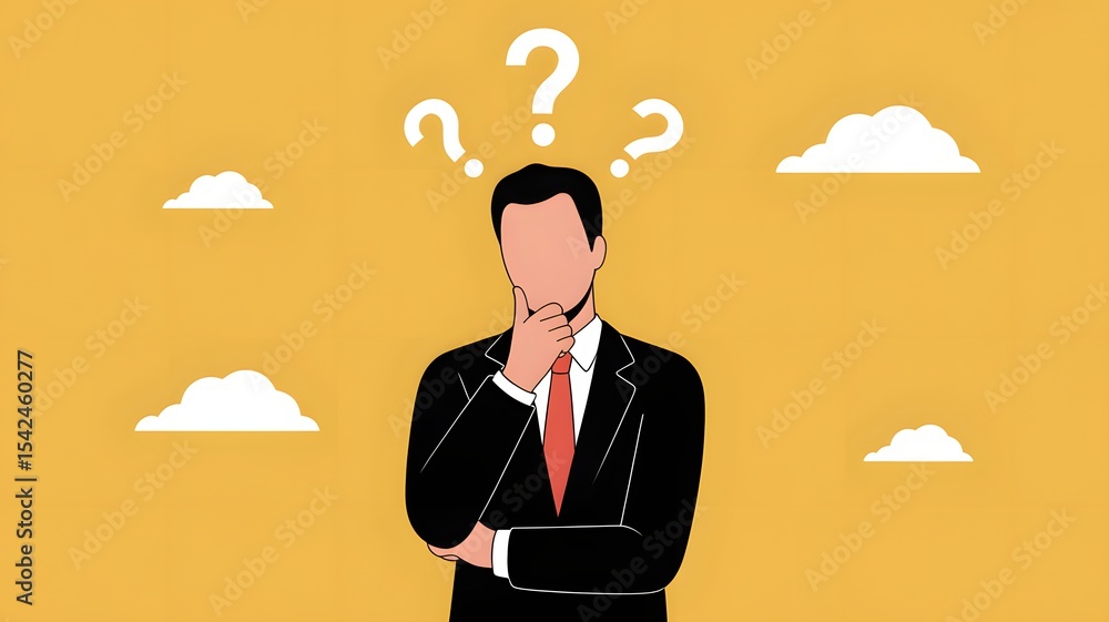 Poster confused businessman with question marks overhead on yellow background representing uncertainty deci