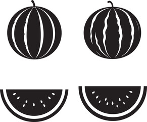Watermelon Silhouette Fruit Set Vector Icons of Whole, Sliced, and Half Watermelon Illustrations