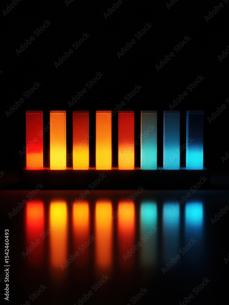Poster colorful emotional spectrum bar glowing with vibrant segments reflecting on a surface in a dark envi