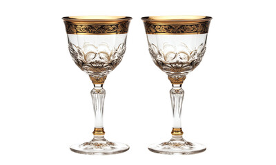 Ornate crystal goblets with gold detailing luxury vintage glassware isolated on transparent background.
