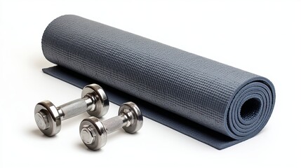 Yoga mat and dumbbells isolated on white background Basic workout gear visual clean wellness illustration for fitness or home exercise