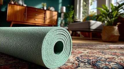 Yoga area at home with mat in living room background Cozy space for workout fitness or meditation Calm vibe with neutral color and space for text