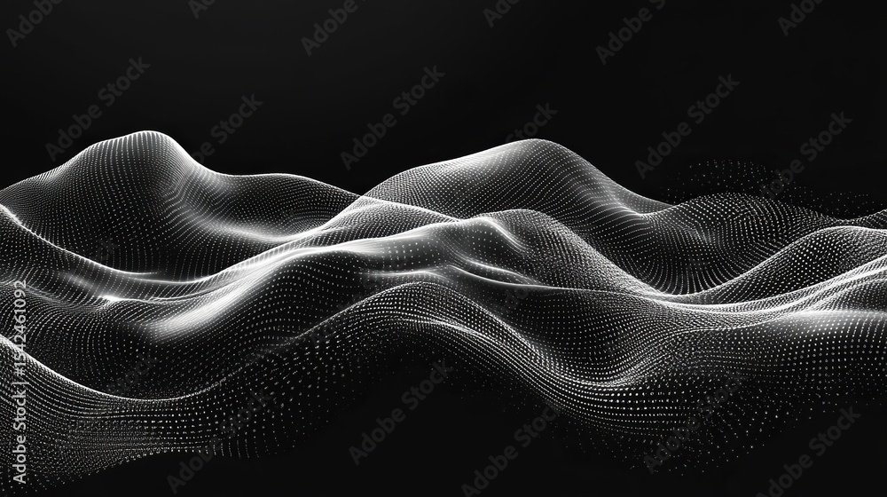 Poster digital landscape of white dots forming undulating waves against a black background creating depth