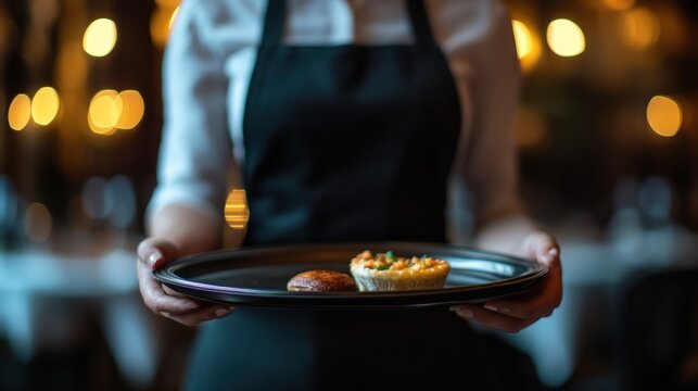 Waitress holding tray of pastries in elegant restaurant