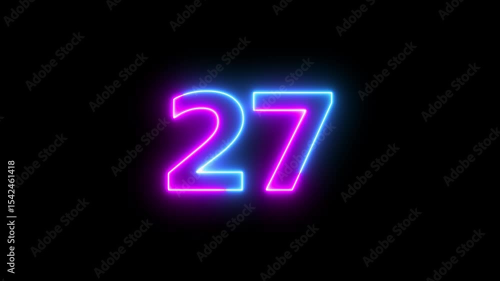 Poster neon text 27 number countdown icon background 4k animation.