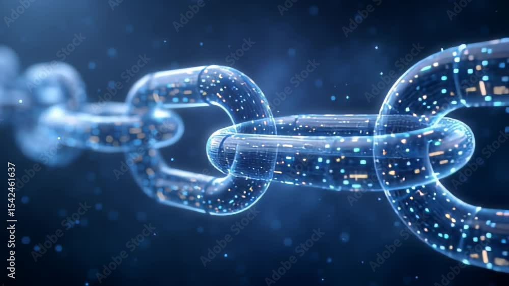 Poster chain links glowing with digital effects represent blockchain technology in a high-tech environment.