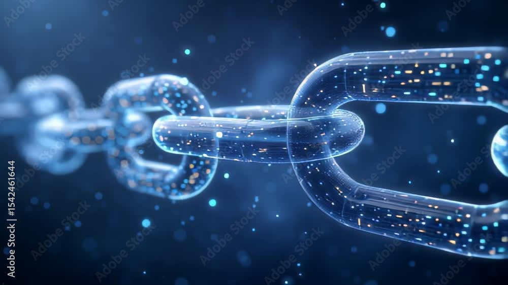 Poster digital chain link glows with blue particles, illustrating advanced connection in technology. futuri