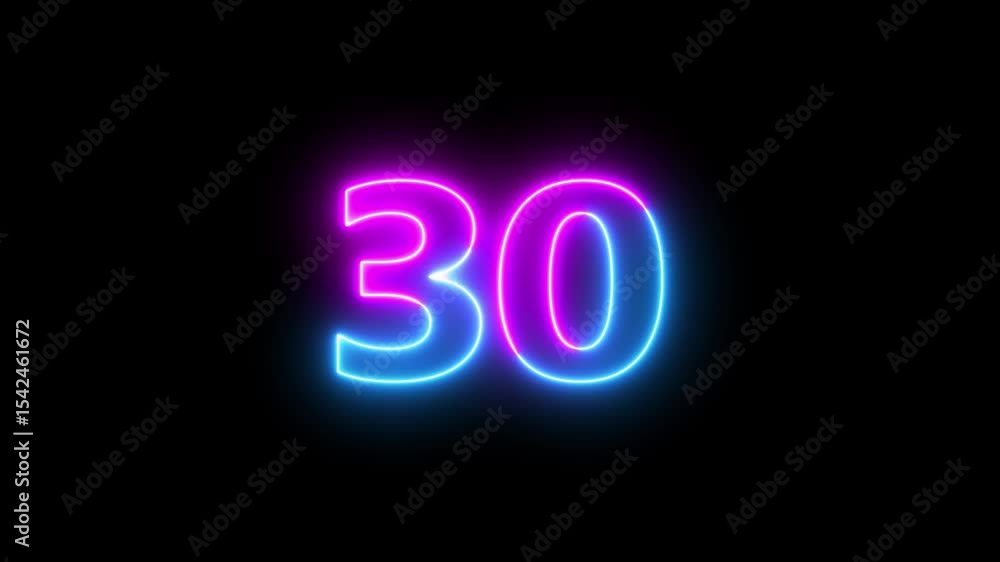 Poster neon text 30 number countdown icon background 4k animation.