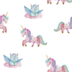 Seamless watercolor pattern with cute unicorns, cats, fairies, rainbows, moon, and stars in soft pastel style for magical designs