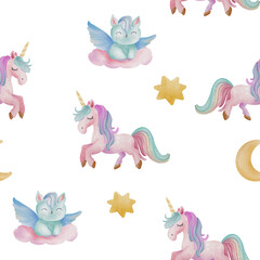 Seamless watercolor pattern with cute unicorns, cats, fairies, rainbows, moon, and stars in soft pastel style for magical designs