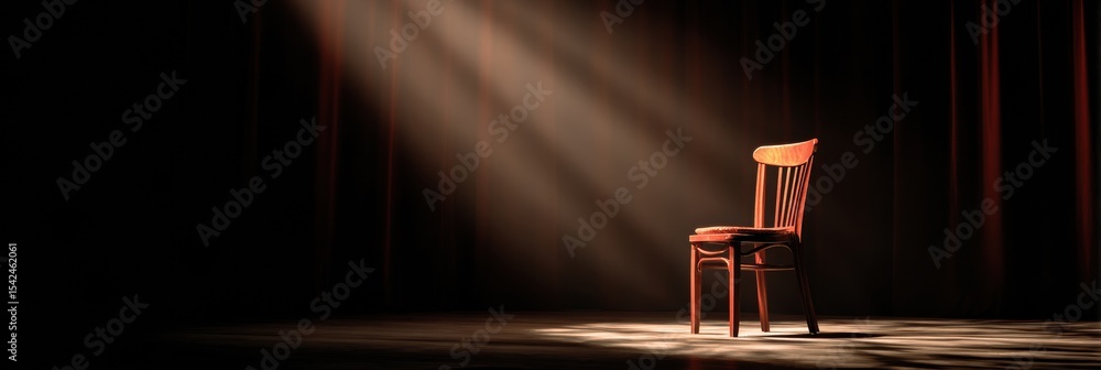 Poster spotlight shines on an empty chair on stage, creating a moment of anticipation in an intimate settin