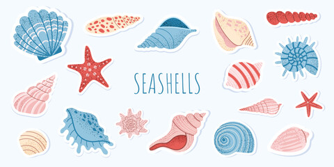 Cute sea shells and starfish sticker set. Hand drawn marine elements. Ocean clipart for summer design. Vector illustration on light blue background.