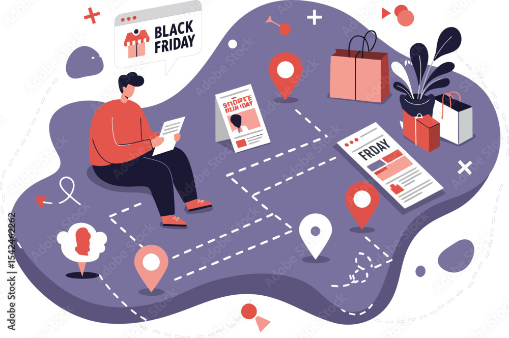 Poster man using mobile phone for black friday online shopping with map and location icons in digital conce