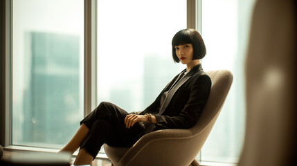 Asian businesswoman sitting in modern office, looking out over the cityscape through large windows. She wears a sleek black suit, exuding confidence and professionalism. Image made using Generative AI