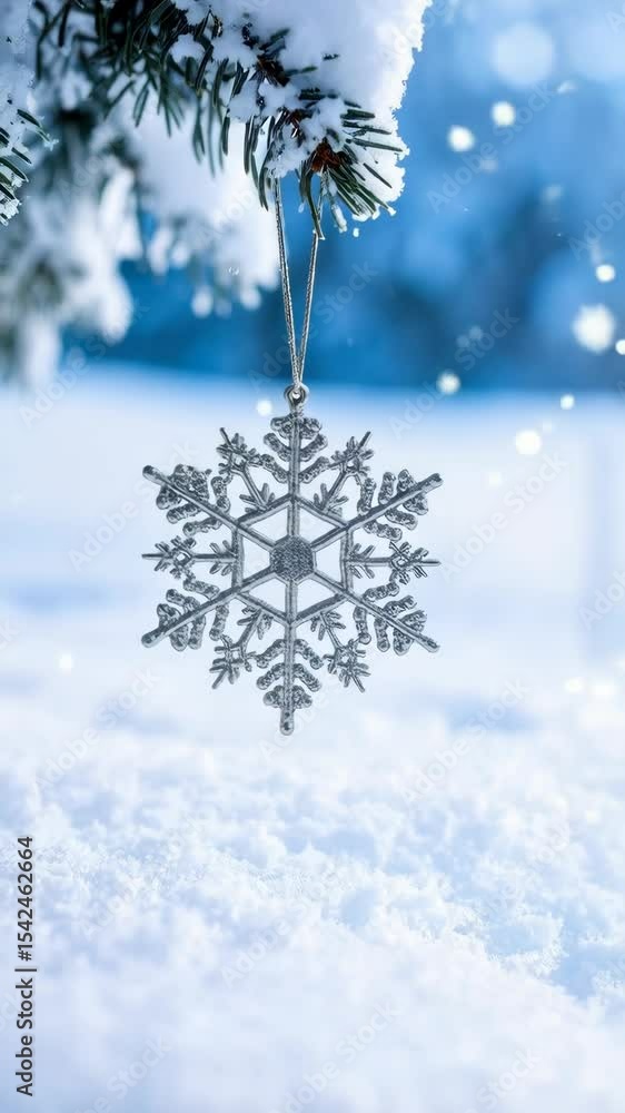 Poster silver snowflake ornament hangs from snow covered pine branch in winter scene with bokeh background