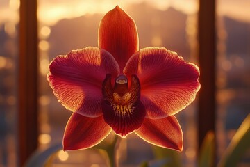 A vibrant red orchid is backlit by a warm, golden glow, highlighting its delicate petals and intricate details.