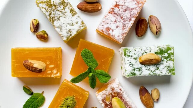 Assorted fruit jelly candies, pistachios, and almonds arranged on a white plate in bright, top-down studio shot.