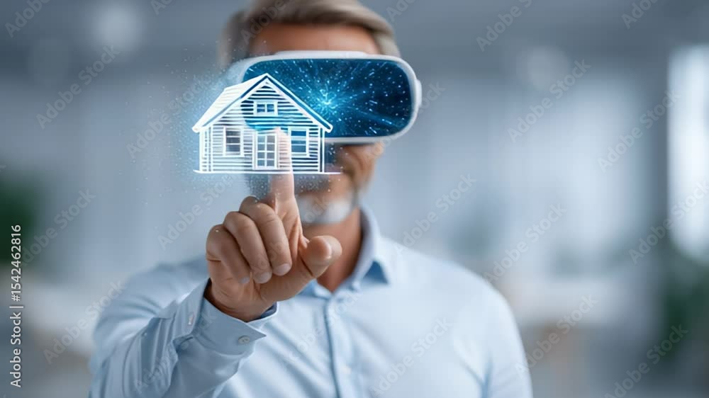 Poster man using virtual reality headset points at virtual house model in contemporary office environment. 