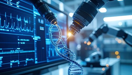 Robotic arms precisely manipulate a glowing DNA strand in a futuristic biotech laboratory setting.