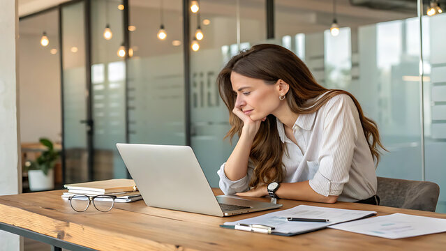 Overworked Young Businesswoman Experiencing Burnout While Working on Laptop in Modern Office