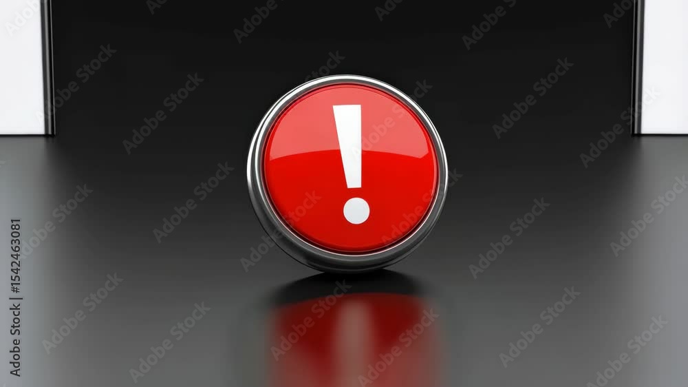 Poster red round glossy button with white exclamation mark icon on a dark background, an attention symbol f