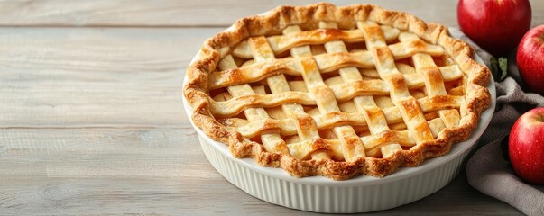 Apple pie with comfort and filling idea. Delicious apple pie with a woven crust on wooden table.