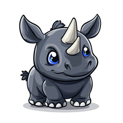 Fototapeta premium Adorable Baby Rhino Cartoon Illustration: Big Blue Eyes, Gray Fur, and Two Horns. Perfect for Children's Books, Clothing Designs, and Educational Materials. High-Resolution Vector Graphic.