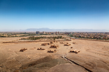 Yazd city panoramic view and Zoroastrian temples remains from the Tower of Silence, Yazd city, Iran