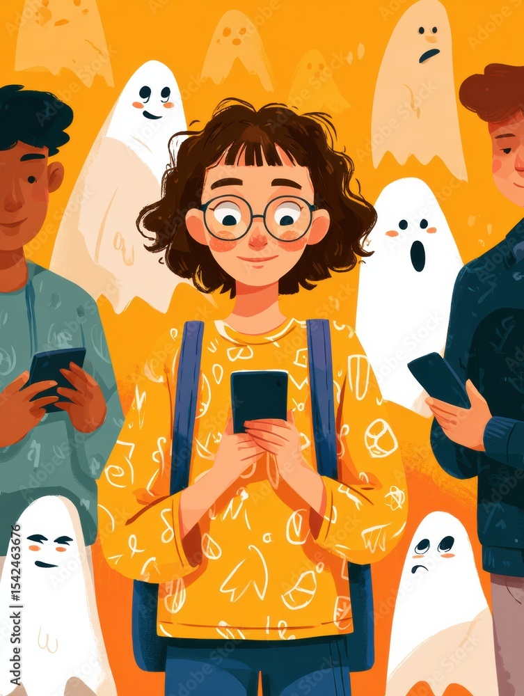 Poster Emotional Check-In Guide Illustrating Diverse Individuals Engaging With Smartphones and Expressing Different Emotions in a Colorful Setting